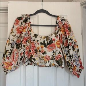 Faithfull the Brand White Cream Floral Puff Sleeve Cropped Blouse
